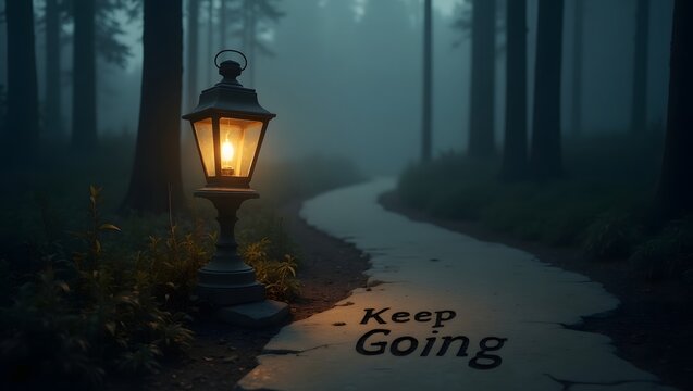Pathway in forest with glowing lamp and keep going message for motivation and inspiration concept