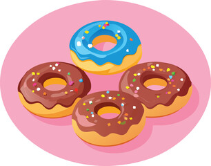 Four donuts with chocolate and blue glaze on a pink background, a sweet and colorful dessert