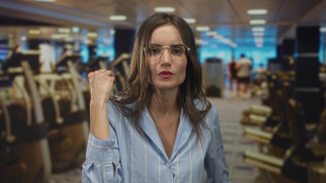 Woman raises clenched fist in indoor gymnasium amid brightly lit equipment with focused stare; determination.