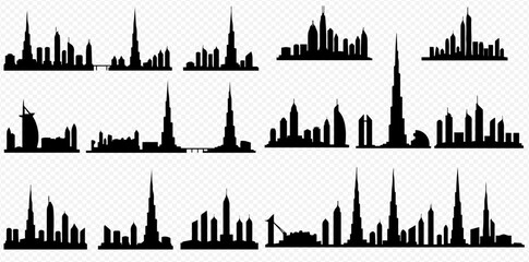 Naklejka premium Collection of Dubai skyline silhouettes, showcasing various angles and building compositions.