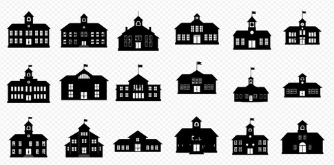 Collection of eighteen black silhouette icons depicting various styles of school buildings. © Adji