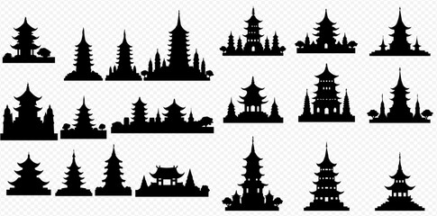 Collection of black silhouette illustrations of East Asian pagodas, varying in size and design, set against a white background.