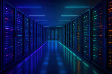Fototapeta premium Modern Data Center: Illuminated Server Room Corridor, Futuristic Technology, Blue and Teal Lighting