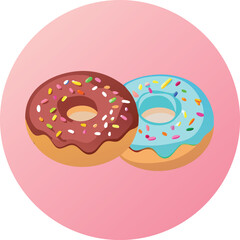Two delicious donuts with chocolate and blue frosting on a pink background circle