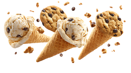 Chocolate chip cookies and ice cream cones floating on white background. 