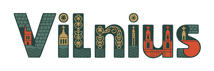 Vilnius Lithuania Typography Illustration with Iconic Landmarks, Decorative Letters, Cityscape Design, Baltic Travel Art