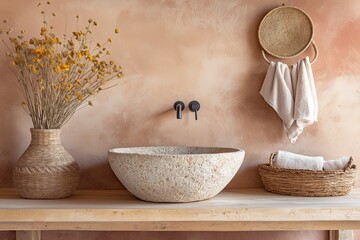 Nature-inspired bathroom with earthy terracotta walls, wooden countertops, a stone vessel sink, woven baskets for storage, and dried flowers.