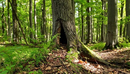 Fototapeta premium Tranquil Forest Scene with Hollow Tree and Lush Green Foliage