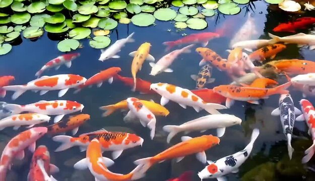 Collection of beautiful koi fish swimming in pond water