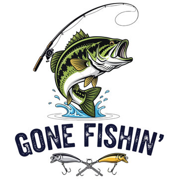 Vibrant vector illustration of a largemouth bass fish jumping out of the water on a fishing line. A dynamic emblem design for outdoor angling and sportfishing
