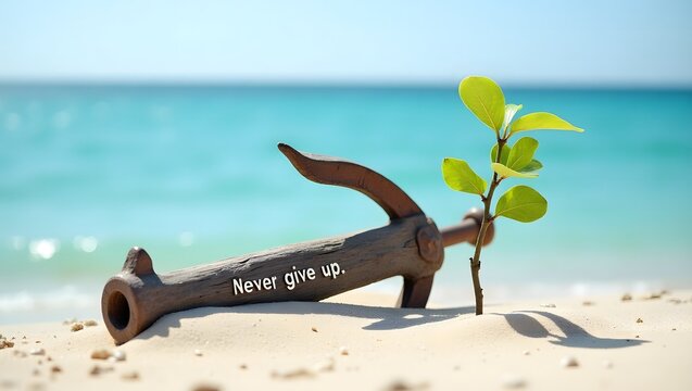 Never give up concept with plant growing from anchor on beach photo for motivation and inspiration - Powered by Adobe