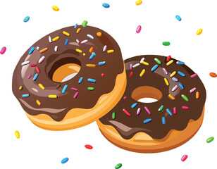 Two chocolate donuts with colorful sprinkles isolated on white background, a sweet and delicious dessert