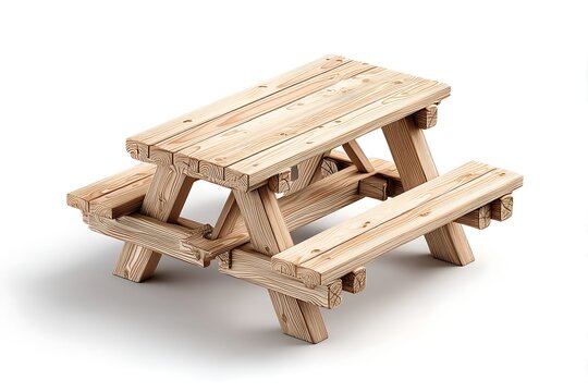 A 3D realistic vector of a wooden picnic table, complete with extended benches for outdoor camping and park activities. The robust, detailed design is showcased with a minimalist white background.