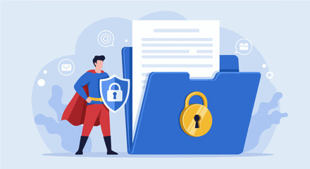 A superhero character guarding a secure folder containing a document, symbolizing data protection.