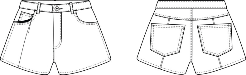Technical fashion illustration of denim shorts with front and back views, waistband, belt loops, pockets, yoke, topstitching, garment construction drawing