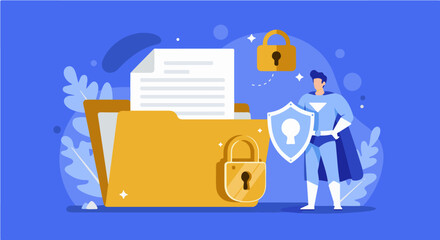 Superhero character protects a file folder with a padlock, shield, and floating lock on a blue background.
