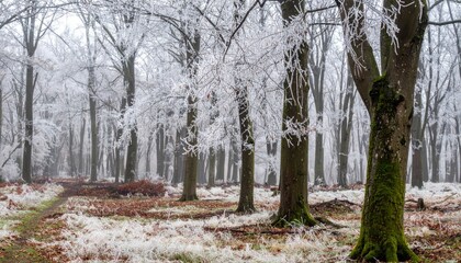 Winter Forest Landscape with Frosted Trees and Foggy Atmosphere