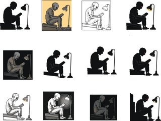 Person Reading a Book Under Lamp, Digital Art, Sitting on Box, Artistic, Minimalist Illustration, Study, Focused Reading Concept