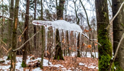 Icicles Hanging from Branch in Winter Forest Landscape Scene