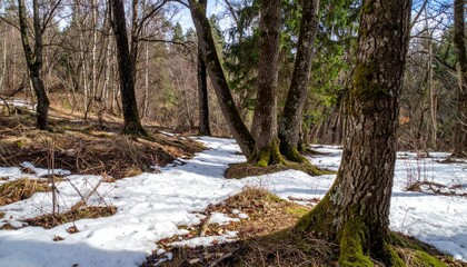 Obraz premium Snowy Forest Path with Green Moss and Leafless Trees in Spring
