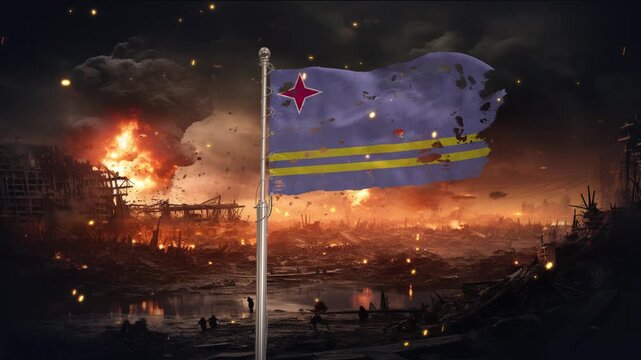 Aruba flag waving in war is torn