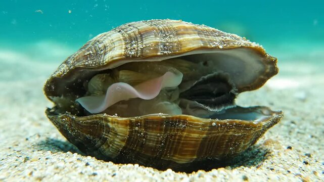 Clam Shell Opening Underwater Close Up - A close-up shot of a clam shell slowly opening underwater. The shell is brown and striped, resting on a sandy seabed with clear turquoise water visible above.