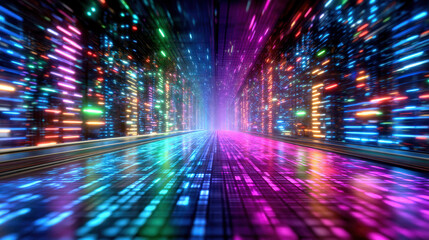 Vibrant retrofuturistic cityscape illuminated by colorful neon lights creates mesmerizing atmosphere. pixelated patterns and reflections on ground enhance dynamic energy of this lively scene