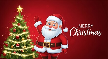 Santa claus waving next to a decorated christmas tree with lights on a red background, merry christmas text