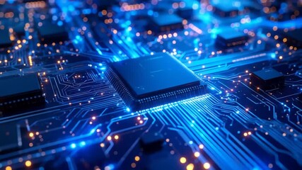 Futuristic Technology: Blue Circuit Board and Microchips Animation, Neural Network Processing Data - Powered by Adobe