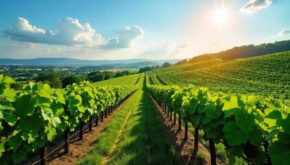 Rows of lush green grapevines stretching across a sun-drenched hillside, ready for harvest A picturesque vineyard landscape perfect for wine country imagery , picturesque, harvest, cultivation