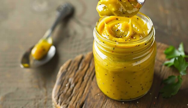 Mustard sauce in a glass jar with a spoon, wooden table
