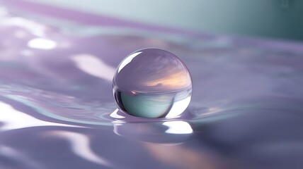 Close up of a single water droplet reflecting a colorful sky