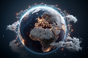 A global network connection over planet Earth, with a digital, internet-inspired background created by generative AI.