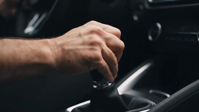Close Up Hand Shifting Manual Gear Car Interior - A close-up shot of a man's hand shifting a manual gear in a car's interior.