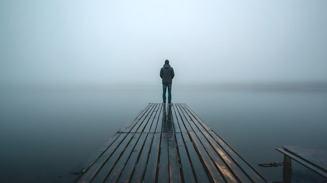 Man on a pier looking at the lake in the fog freedom concept