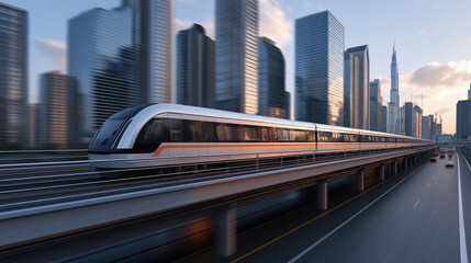 A high-speed train passing on an elevated track over a cityscape, viewed from the street level, sleek  design.