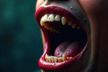 Naklejka premium Close-up of a ravenous, gaping maw, symbolizing insatiable greed and hunger; a visceral representation of unchecked desire for more , ravenous, shadowy, shadow