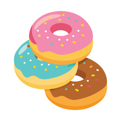 Isometric stack of three colorful donuts with sprinkles isolated on white background for dessert concept