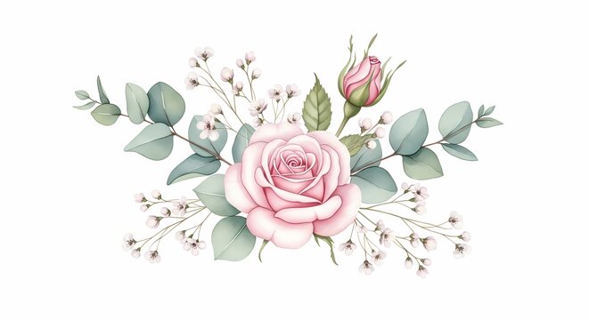 Elegant rose and eucalyptus arrangement adds a touch of timeless romance to any design, perfect for weddings and heartfelt greetings