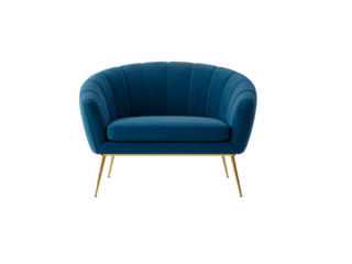 Modern blue upholstered sofa with gold legs in minimalist style  isolated