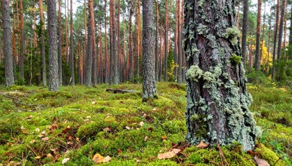 Obraz premium Lush Green Forest with Pine Trees and Mossy Ground in Autumn