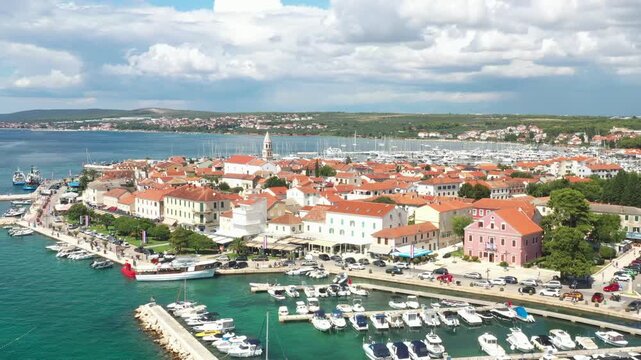 Aerial View of the center of historic town Biograd na Moru on Adriatic coast in Croatia, popular tourist destination.