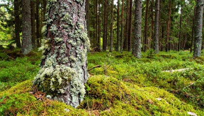 Obraz premium Moss-Covered Tree Trunk in Serene Green Forest Setting