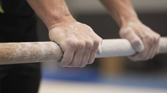 Gymnast's Hands Gripping Parallel Bars - Close-up shot of a gymnast's chalked hands firmly gripping parallel bars. The video emphasizes the strength and precision required in this athletic discipline.