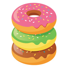 Stack of three colorful donuts with different toppings isolated on white background