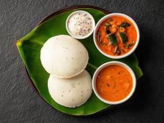 A delicious South Indian meal featuring idli served with sambhar, chutney, and a side of fresh greens on a banana leaf.