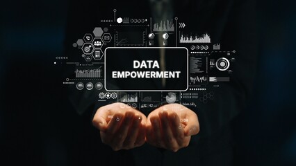 Hands Holding a Digital Screen Displaying Data Empowerment with Infographics and Charts on a Dark Background. Asymptotic smart data analytic.