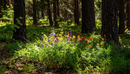 Fototapeta premium Vibrant Wildflowers Blooming Under Tall Trees in a Serene Forest