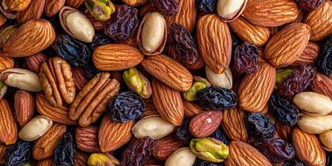 Fototapeta premium A vibrant assortment of nuts and dried fruits, showcasing a mix of almonds, pecans, pistachios, and raisins, perfect for snacking or healthy recipes.