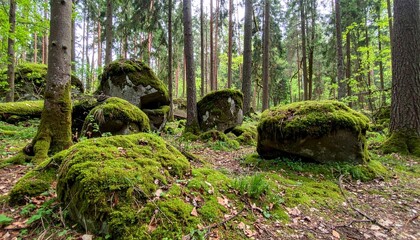 Fototapeta premium Lush Green Mossy Rocks Amidst Tall Trees in Vibrant Forest Setting
